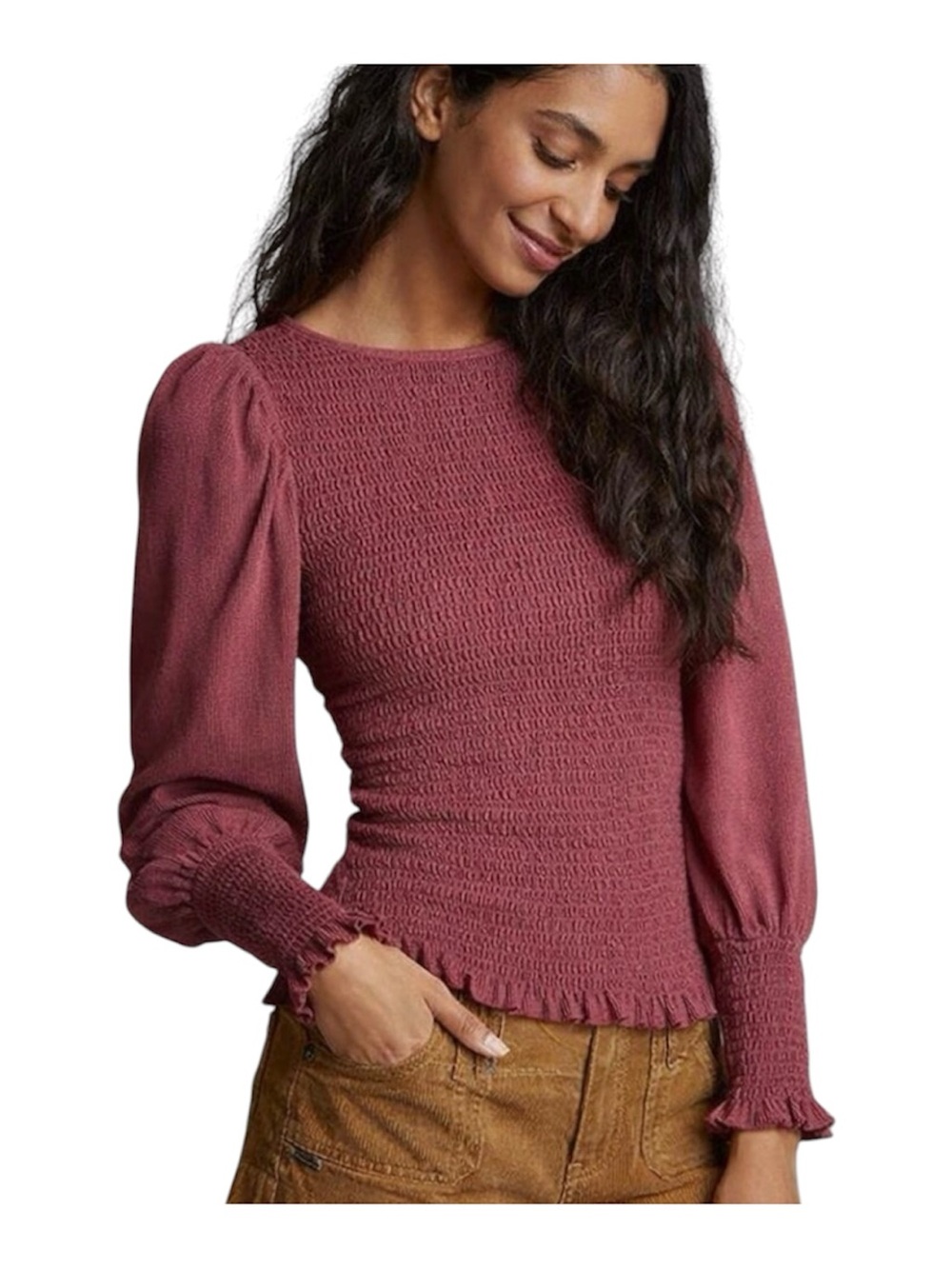 Anthropologie maroon smocked blouse features romantic puff sleeves size XS